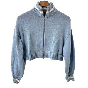 Divided Cropped Sweater Women XS Blue Varsity Ribbed Knit Full Zip Long Sleeve